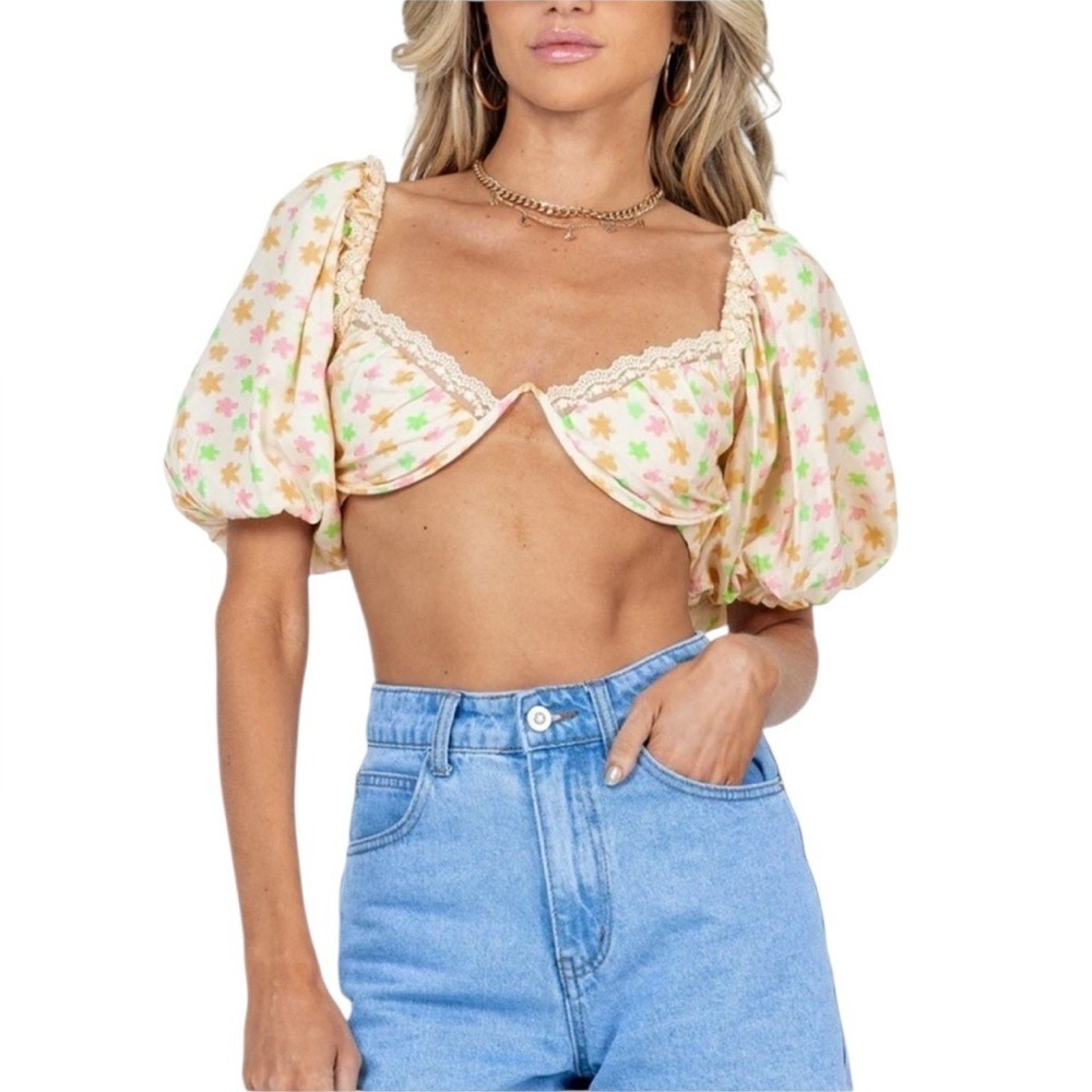 Princess Polly Amalie Floral Puff Sleeve Crop Top Womens 4 Cream Orange